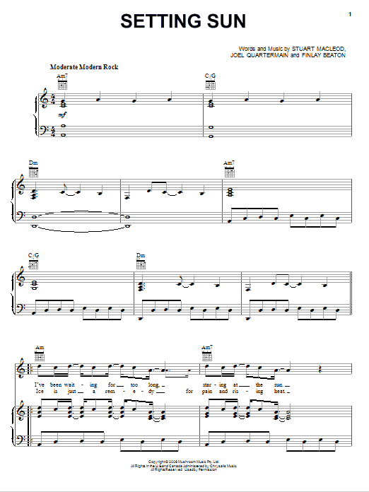 Learn to play Eskimo Joe Setting Sun sheet music for Piano, Vocal & Guitar Chords in minutes. Price: 7.8900$ Eskimo Joe Setting Sun sheet music notes and chords arranged for Piano, Vocal & Guitar Chords