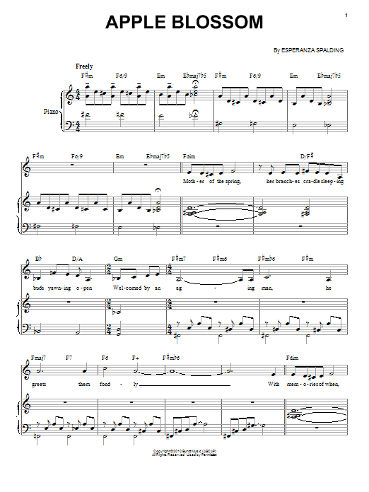 Learn to play Esperanza Spalding Apple Blossom sheet music for Piano & Vocal in minutes. Price: 6.9900$ Esperanza Spalding Apple Blossom sheet music notes and chords arranged for Piano & Vocal