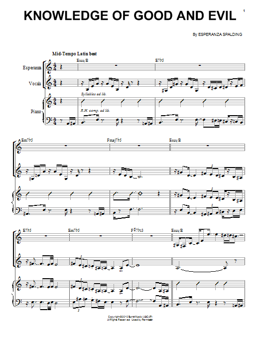 Learn to play Esperanza Spalding Knowledge Of Good And Evil sheet music for Piano & Vocal in minutes. Price: 6.9900$ Esperanza Spalding Knowledge Of Good And Evil sheet music notes and chords arranged for Piano & Vocal