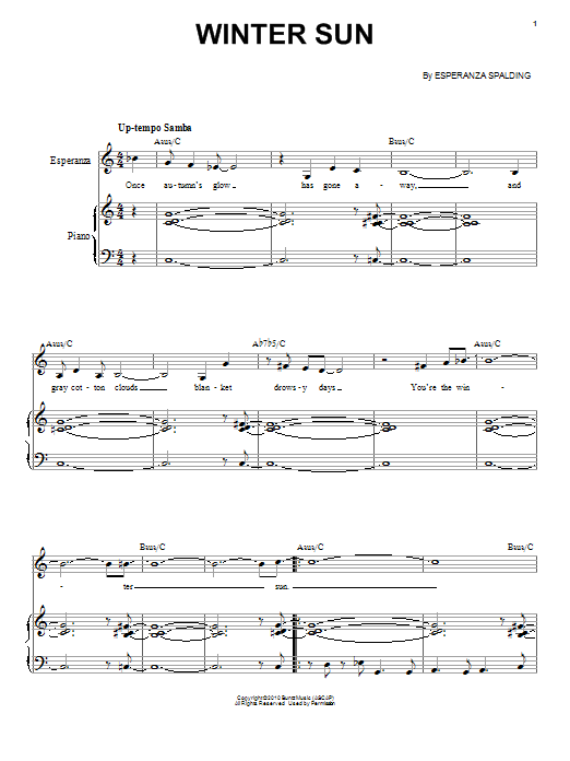Learn to play Esperanza Spalding Winter Sun sheet music for Piano & Vocal in minutes. Price: 6.9900$ Esperanza Spalding Winter Sun sheet music notes and chords arranged for Piano & Vocal