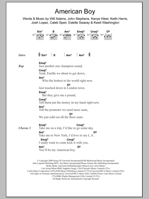 Estelle American Boy (feat. Kanye West) sheet music notes and chords. Download Printable PDF.