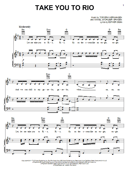 Ester Dean Take You To Rio sheet music notes and chords arranged for Piano, Vocal & Guitar Chords (Right-Hand Melody)