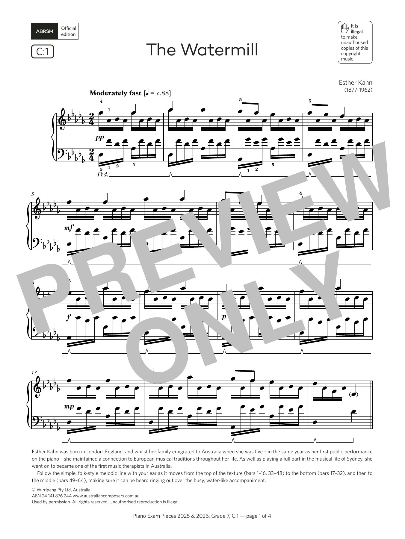 Esther Kahn The Watermill (Grade 7, list C1, from the ABRSM Piano Syllabus 2025 & 2026) sheet music notes and chords. Download Printable PDF.