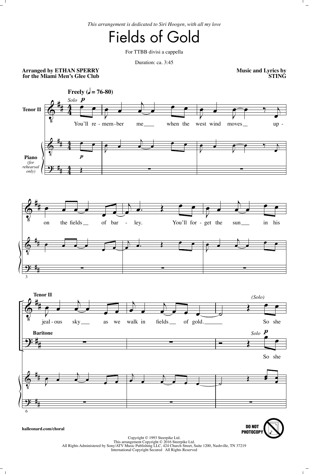 Sting Fields Of Gold (arr. Ethan Sperry) sheet music notes and chords. Download Printable PDF.