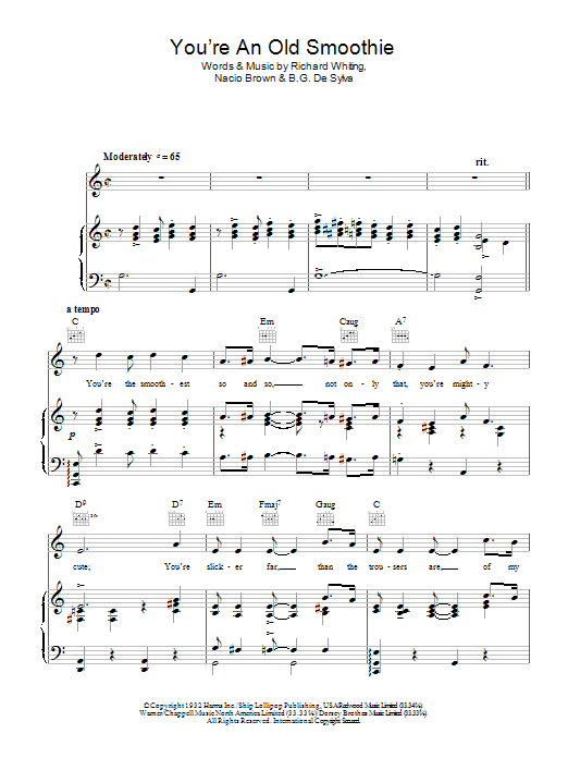 Learn to play Ethel Merman You're An Old Smoothie sheet music for Piano, Vocal & Guitar Chords in minutes. Price: 7.8900$ Ethel Merman You're An Old Smoothie sheet music notes and chords arranged for Piano, Vocal & Guitar Chords