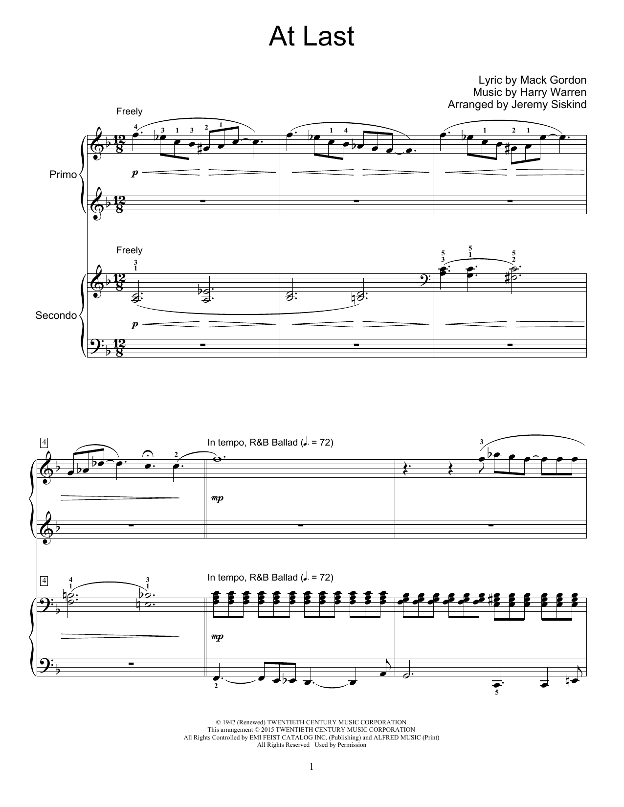 Learn to play Etta James At Last (arr. Jeremy Siskind) sheet music for Piano Duet in minutes. Price: 7.8900$ Etta James At Last (arr. Jeremy Siskind) sheet music notes and chords arranged for Piano Duet