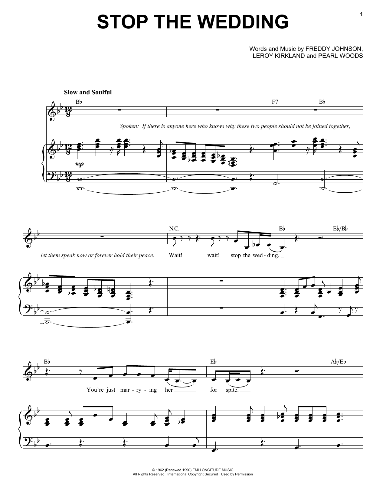Learn to play Etta James Stop The Wedding sheet music for Piano, Vocal & Guitar Chords (Right-Hand Melody) in minutes. Price: 7.8900$ Etta James Stop The Wedding sheet music notes and chords arranged for Piano, Vocal & Guitar Chords (Right-Hand Melody)