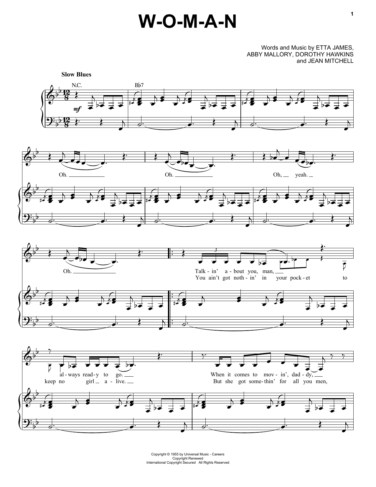 Learn to play Etta James W-O-M-A-N sheet music for Piano & Vocal in minutes. Price: 7.8900$ Etta James W-O-M-A-N sheet music notes and chords arranged for Piano & Vocal