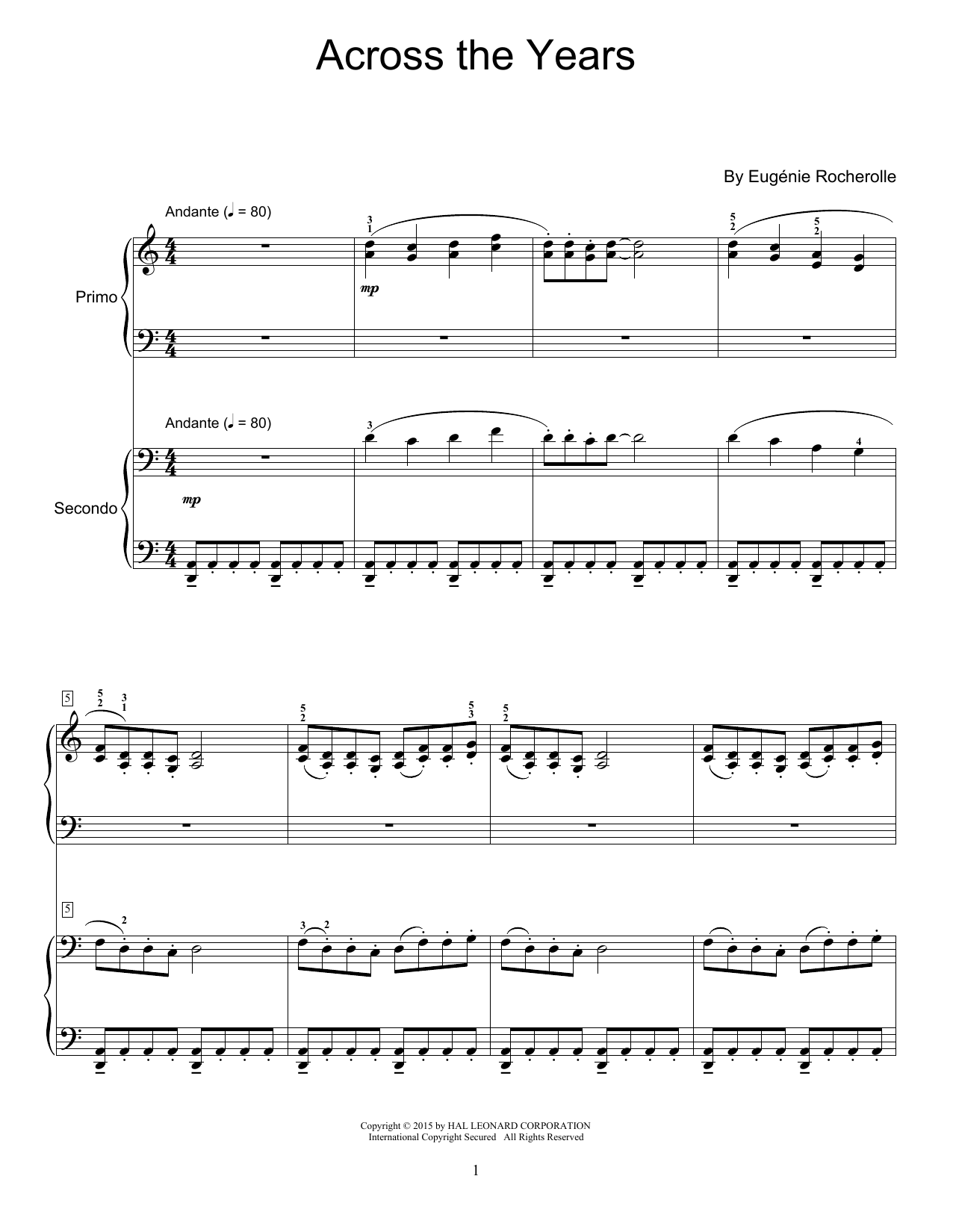 Learn to play Eugénie Rocherolle Across The Years sheet music for Piano Duet in minutes. Price: 7.8900$ Eugénie Rocherolle Across The Years sheet music notes and chords arranged for Piano Duet