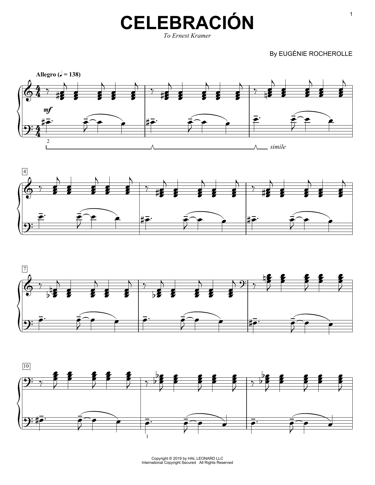 Eugenie Rocherolle Celebracion sheet music notes and chords arranged for Piano Solo