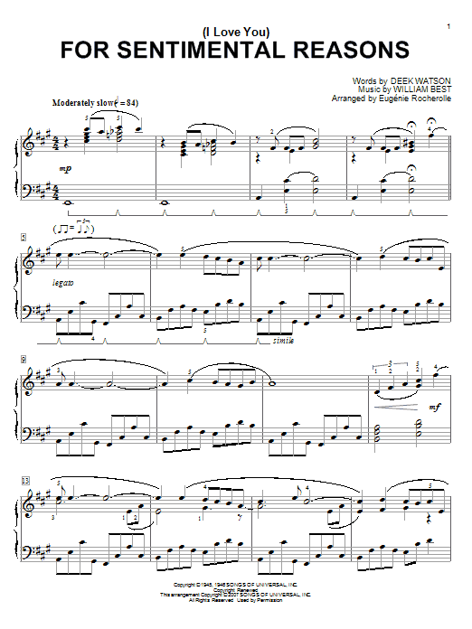 Learn to play Eugénie Rocherolle (I Love You) For Sentimental Reasons sheet music for Piano Solo in minutes. Price: 7.8900$ Eugénie Rocherolle (I Love You) For Sentimental Reasons sheet music notes and chords arranged for Piano Solo