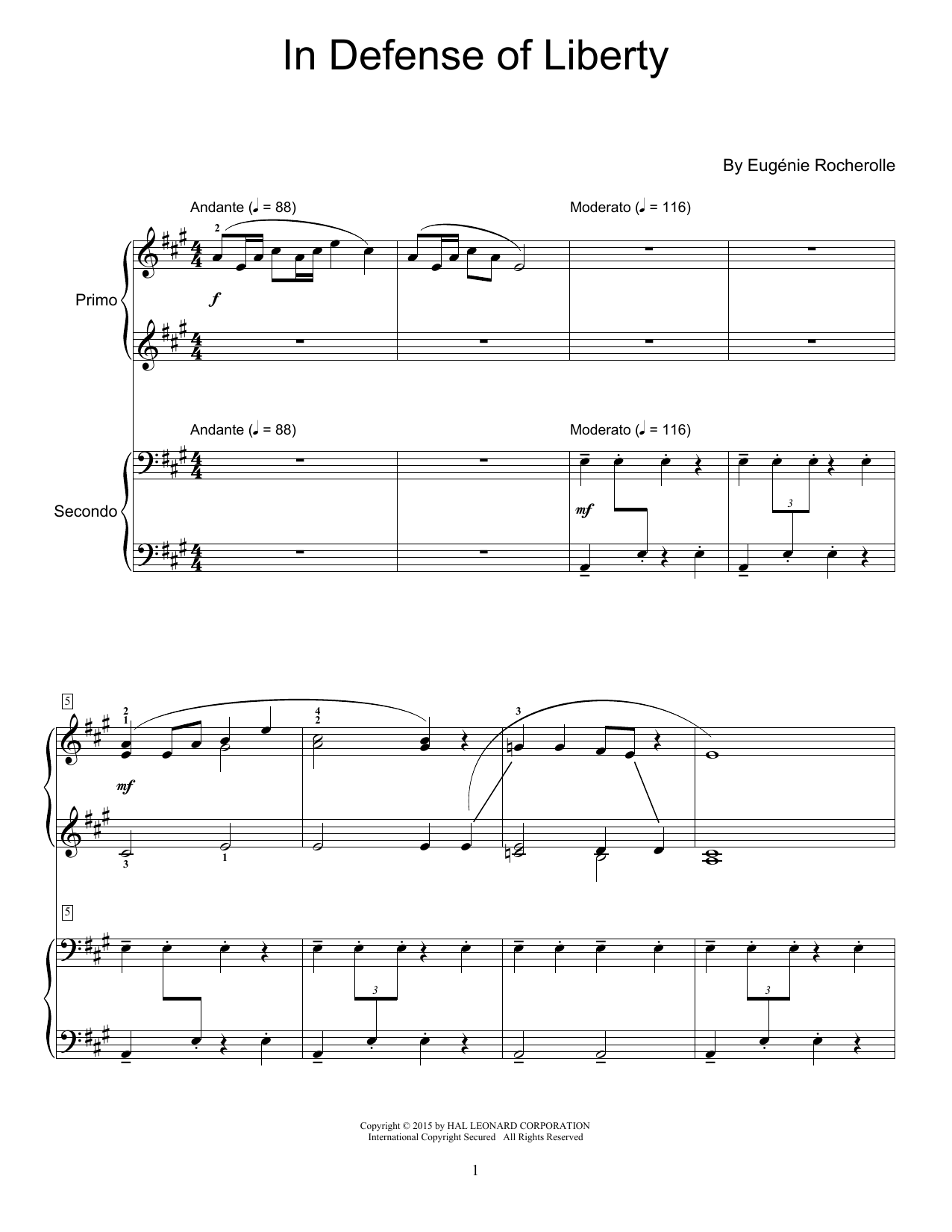 Learn to play Eugénie Rocherolle In Defense Of Liberty sheet music for Piano Duet in minutes. Price: 7.8900$ Eugénie Rocherolle In Defense Of Liberty sheet music notes and chords arranged for Piano Duet