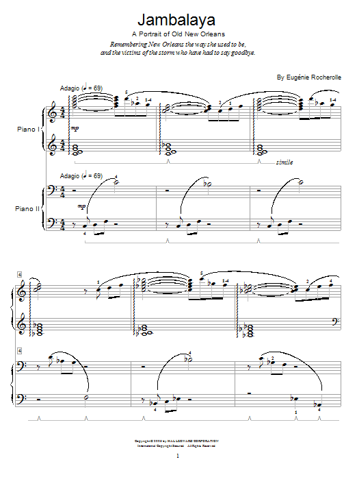 Learn to play Eugenie Rocherolle Jambalaya - A Portrait Of Old New Orleans sheet music for Piano Duet in minutes. Price: 7.8900$ Eugenie Rocherolle Jambalaya - A Portrait Of Old New Orleans sheet music notes and chords arranged for Piano Duet