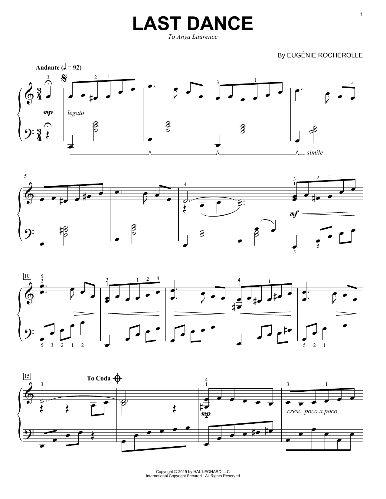 Learn to play Eugenie Rocherolle Last Dance sheet music for Piano Solo in minutes. Price: 7.8900$ Eugenie Rocherolle Last Dance sheet music notes and chords arranged for Piano Solo