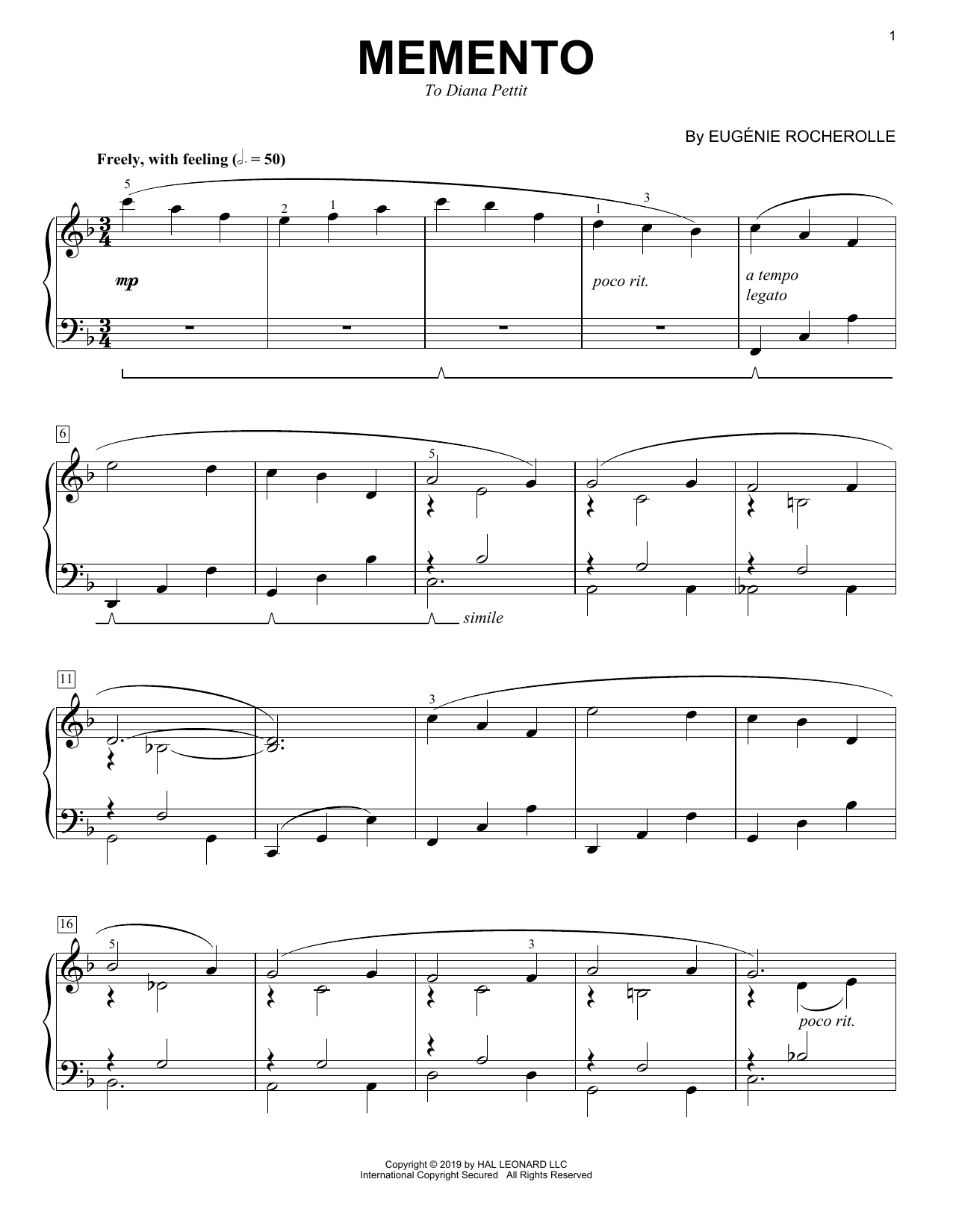 Learn to play Eugenie Rocherolle Memento sheet music for Piano Solo in minutes. Price: 7.8900$ Eugenie Rocherolle Memento sheet music notes and chords arranged for Piano Solo