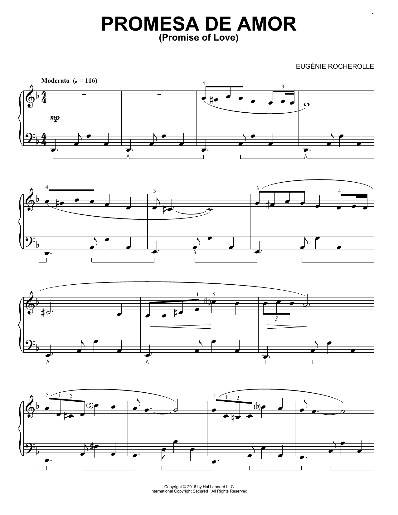 Learn to play Eugénie Rocherolle Promesa De Amor sheet music for Piano Solo in minutes. Price: 7.8900$ Eugénie Rocherolle Promesa De Amor sheet music notes and chords arranged for Piano Solo