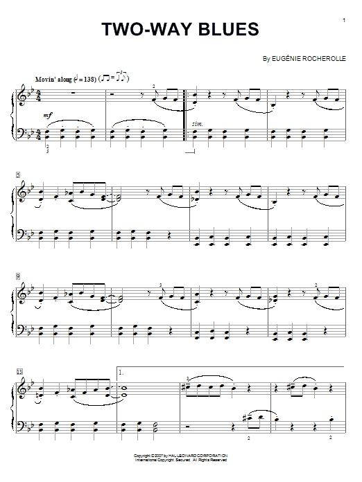 Learn to play Eugénie Rocherolle Two-Way Blues sheet music for Piano Solo in minutes. Price: 7.8900$ Eugénie Rocherolle Two-Way Blues sheet music notes and chords arranged for Piano Solo