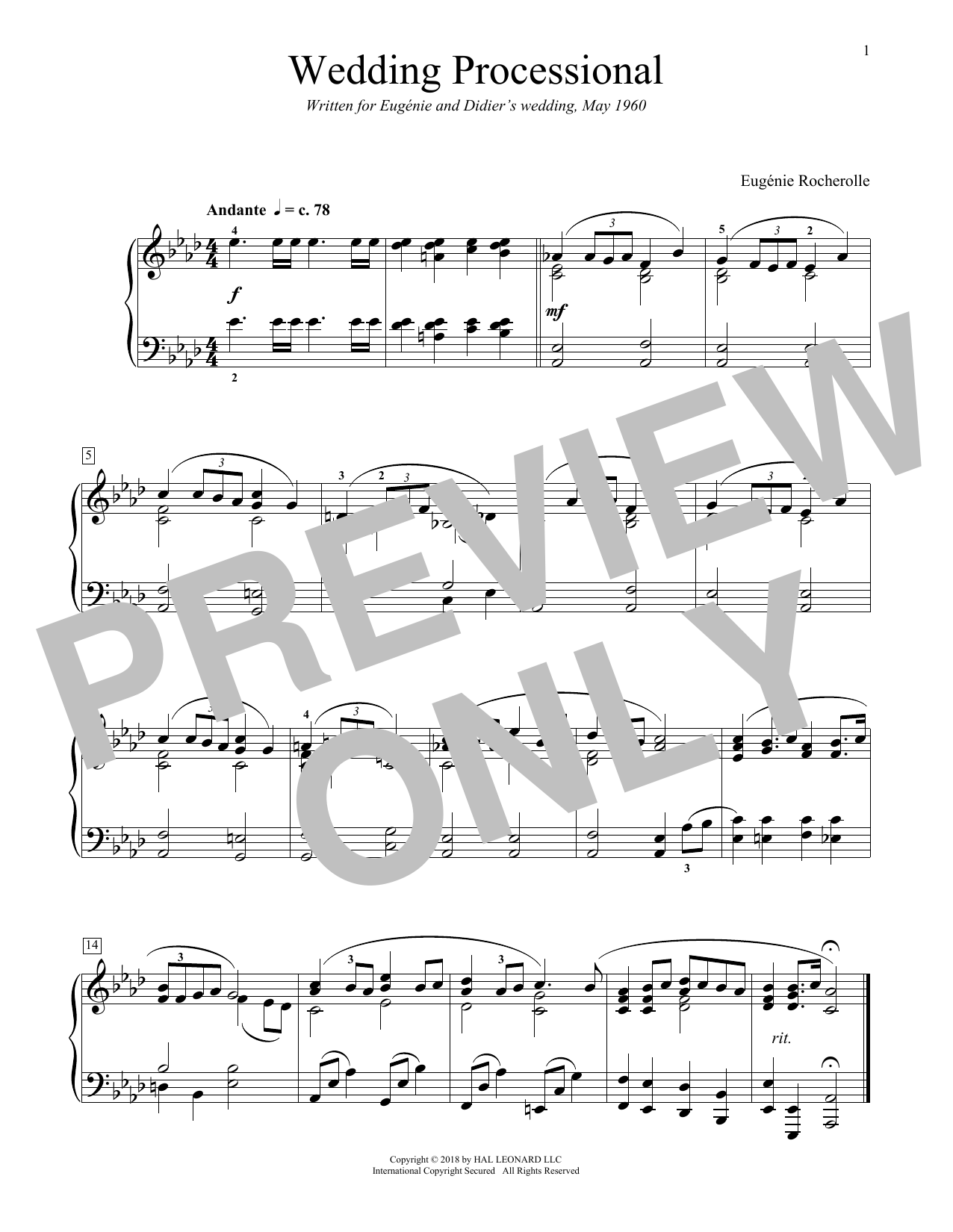 Eugenie Rocherolle Wedding Processional sheet music notes and chords arranged for Piano Solo