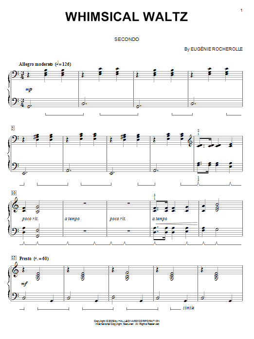 Learn to play Eugénie Rocherolle Whimsical Waltz sheet music for Piano Duet in minutes. Price: 7.8900$ Eugénie Rocherolle Whimsical Waltz sheet music notes and chords arranged for Piano Duet