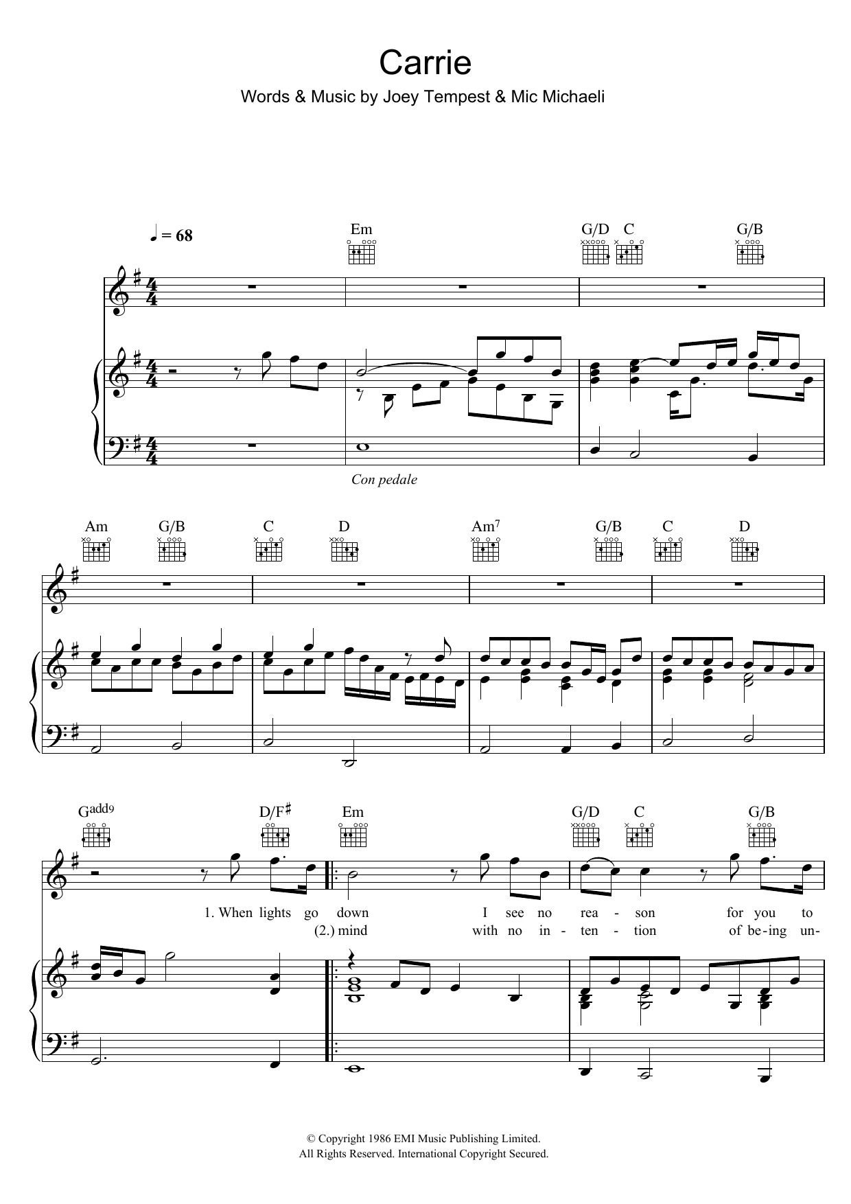 Europe Carrie sheet music notes and chords arranged for Piano, Vocal & Guitar Chords (Right-Hand Melody)