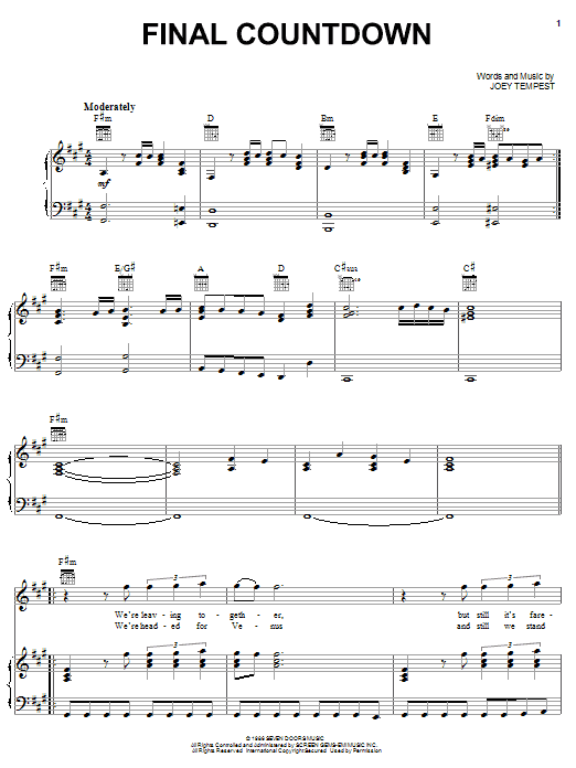 Europe Final Countdown sheet music notes and chords. Download Printable PDF.