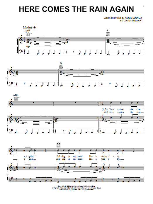 Eurythmics Here Comes The Rain Again sheet music notes and chords. Download Printable PDF.