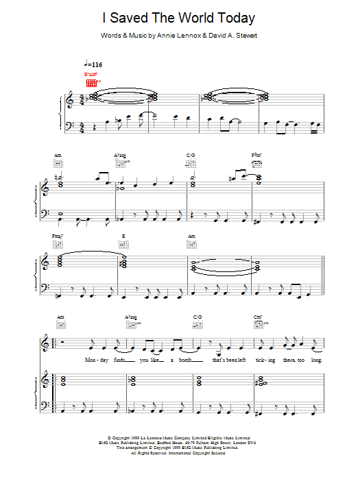 Eurythmics I Saved The World Today sheet music notes and chords. Download Printable PDF.