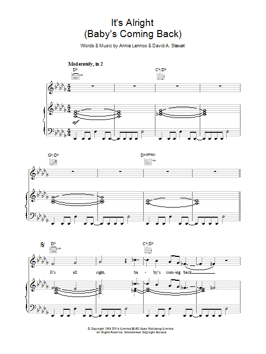 Learn to play Eurythmics It's Alright (Baby's Coming Back ) sheet music for Piano, Vocal & Guitar Chords in minutes. Price: 7.8900$ Eurythmics It's Alright (Baby's Coming Back ) sheet music notes and chords arranged for Piano, Vocal & Guitar Chords