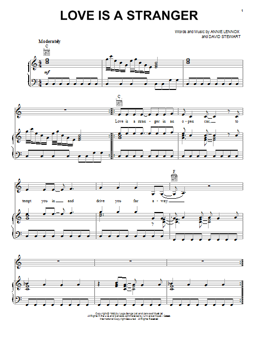 Eurythmics Love Is A Stranger sheet music notes and chords arranged for Piano, Vocal & Guitar Chords (Right-Hand Melody)