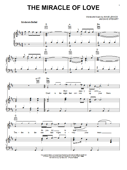Learn to play Eurythmics Miracle Of Love sheet music for Piano, Vocal & Guitar Chords (Right-Hand Melody) in minutes. Price: 7.8900$ Eurythmics Miracle Of Love sheet music notes and chords arranged for Piano, Vocal & Guitar Chords (Right-Hand Melody)