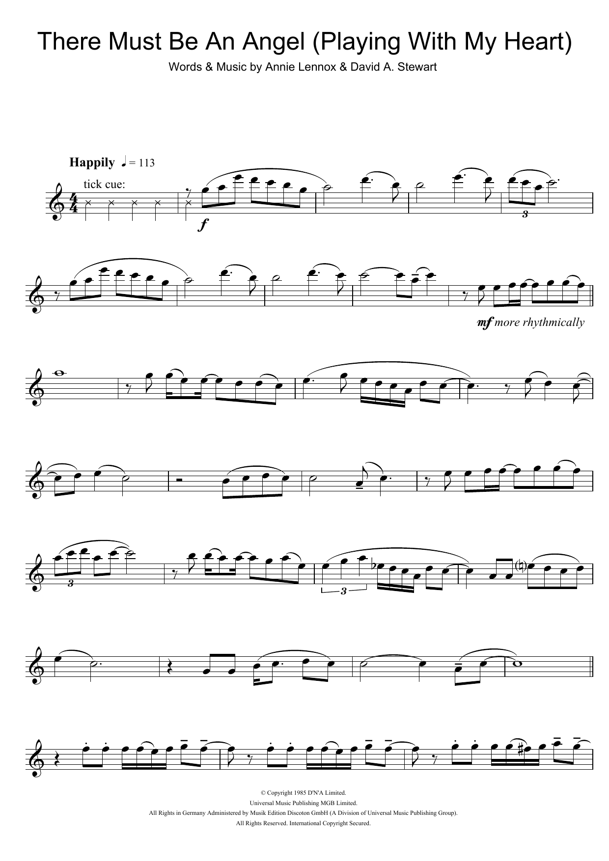 Eurythmics There Must Be An Angel (Playing With My Heart) sheet music notes and chords. Download Printable PDF.