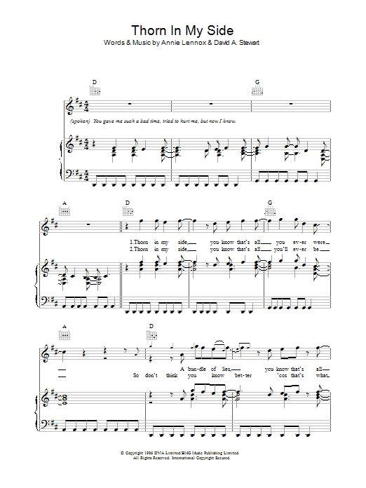 Eurythmics Thorn In My Side sheet music notes and chords. Download Printable PDF.