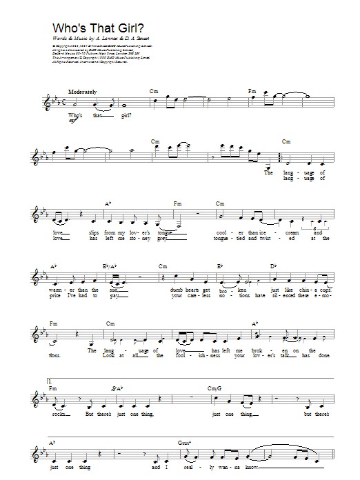 Learn to play Eurythmics Who's That Girl? sheet music for Lead Sheet / Fake Book in minutes. Price: 5.9900$ Eurythmics Who's That Girl? sheet music notes and chords arranged for Lead Sheet / Fake Book