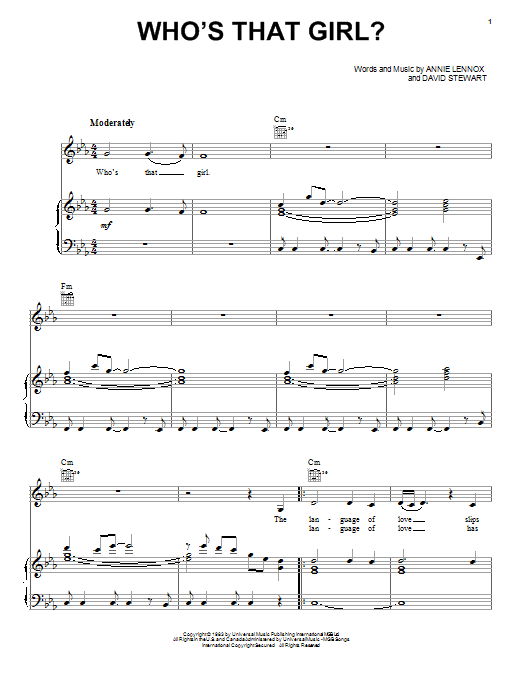 Eurythmics Who's That Girl? sheet music notes and chords. Download Printable PDF.