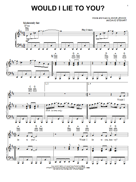 Eurythmics Would I Lie To You? sheet music notes and chords. Download Printable PDF.