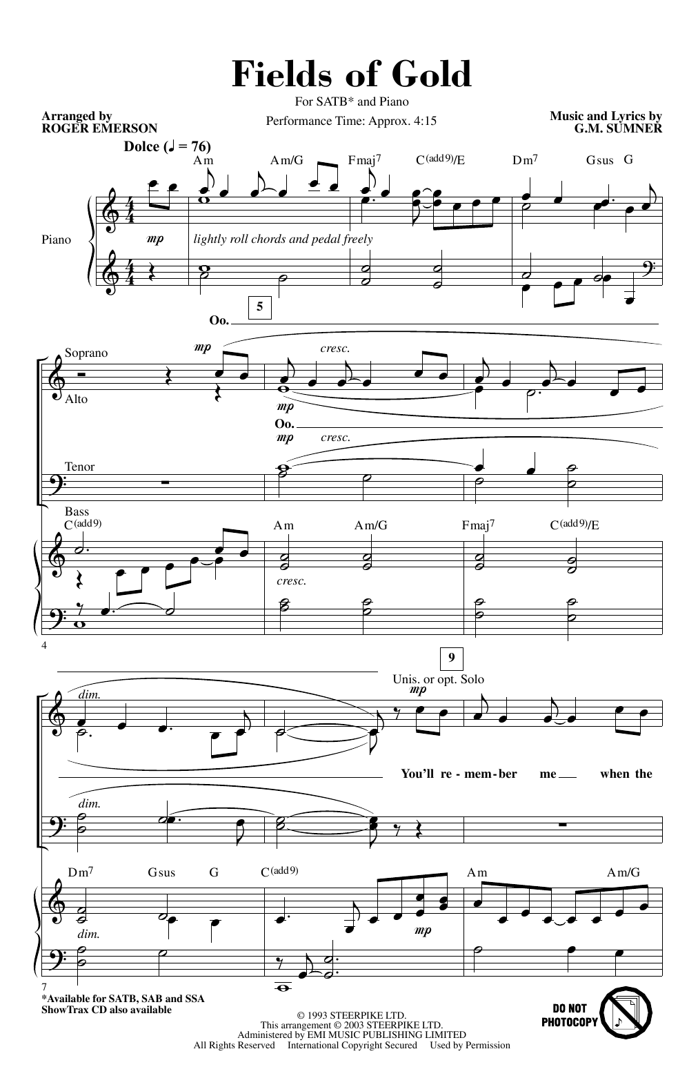 Eva Cassidy Fields Of Gold (arr. Roger Emerson) sheet music notes and chords. Download Printable PDF.