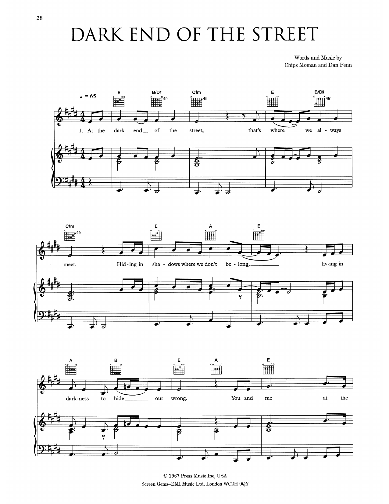 Learn to play Eva Cassidy The Dark End Of The Street sheet music for Piano, Vocal & Guitar Chords (Right-Hand Melody) in minutes. Price: 6.9900$ Eva Cassidy The Dark End Of The Street sheet music notes and chords arranged for Piano, Vocal & Guitar Chords (Right-Hand Melody)
