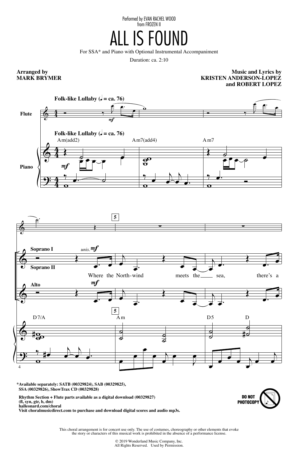 Evan Rachel Wood All Is Found (from Disney's Frozen 2) (arr. Mark Brymer) sheet music notes and chords. Download Printable PDF.