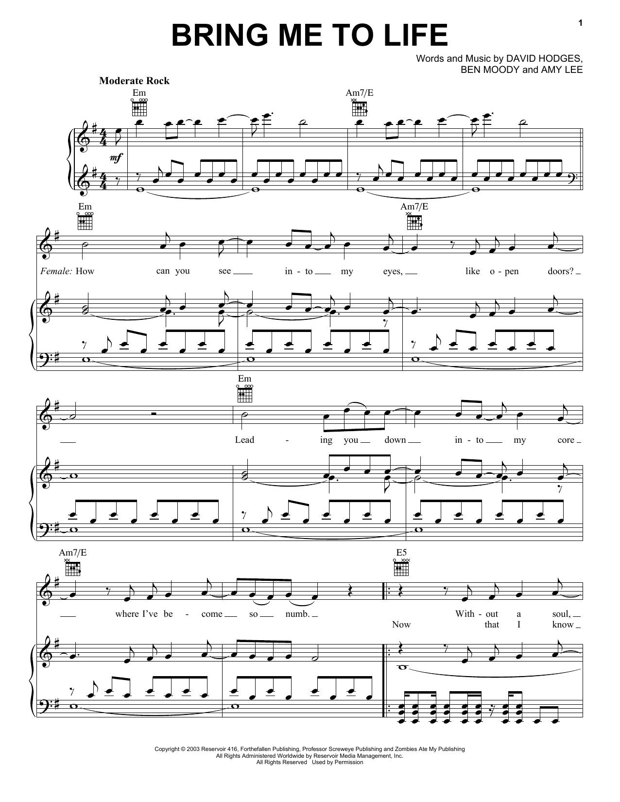 Evanescence Bring Me To Life sheet music notes and chords. Download Printable PDF.