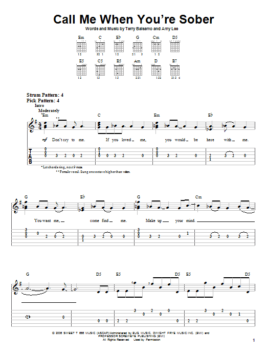 Evanescence Call Me When You're Sober sheet music notes and chords. Download Printable PDF.