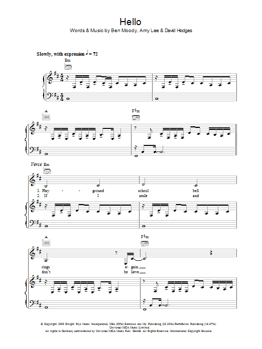 Evanescence Hello sheet music notes and chords. Download Printable PDF.