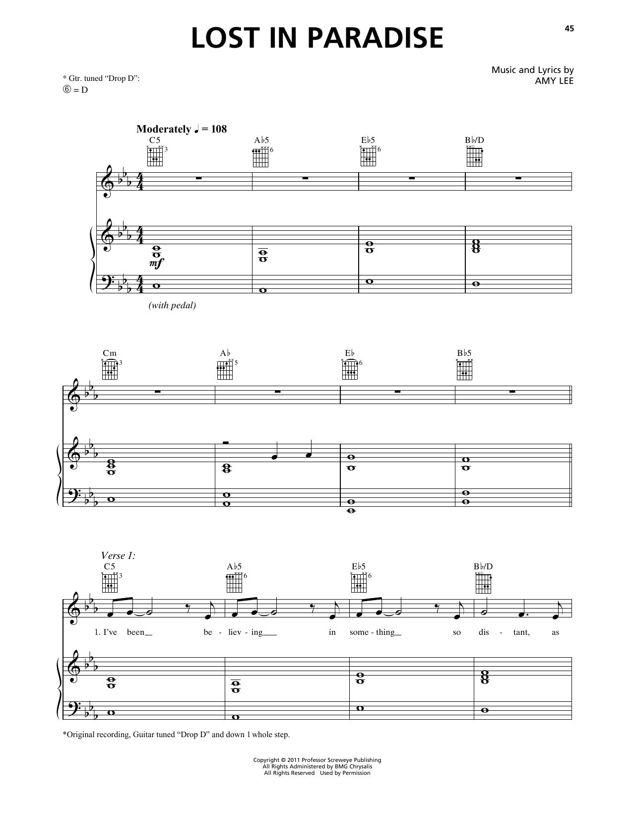 Learn to play Evanescence Lost In Paradise sheet music for Piano, Vocal & Guitar Chords (Right-Hand Melody) in minutes. Price: 7.8900$ Evanescence Lost In Paradise sheet music notes and chords arranged for Piano, Vocal & Guitar Chords (Right-Hand Melody)