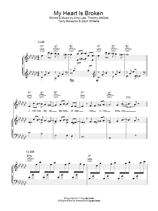 Evanescence My Heart Is Broken sheet music notes and chords. Download Printable PDF.