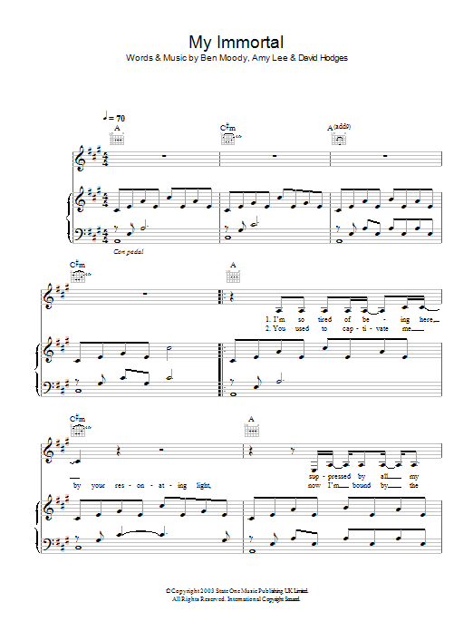 Evanescence My Immortal sheet music notes and chords. Download Printable PDF.