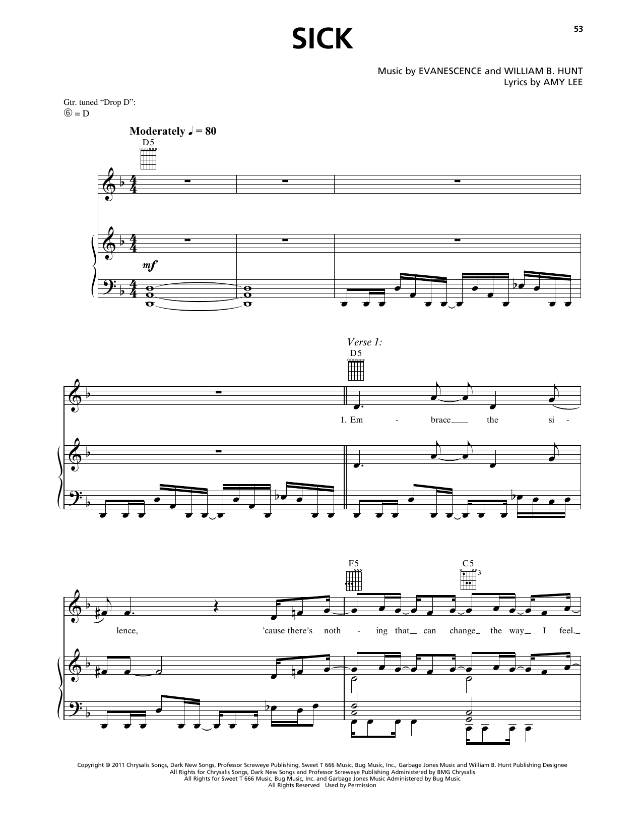 Learn to play Evanescence Sick sheet music for Piano, Vocal & Guitar Chords (Right-Hand Melody) in minutes. Price: 7.8900$ Evanescence Sick sheet music notes and chords arranged for Piano, Vocal & Guitar Chords (Right-Hand Melody)