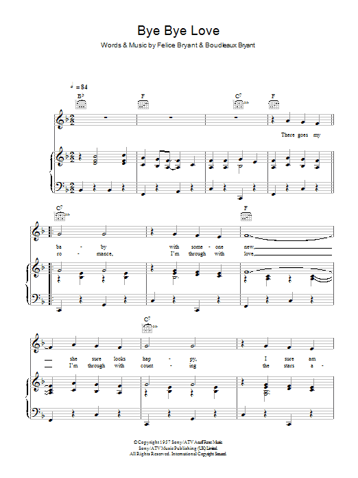 The Everly Brothers Bye Bye Love sheet music notes and chords. Download Printable PDF.