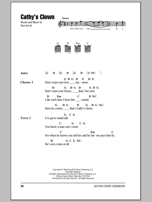 Everly Brothers Cathy's Clown sheet music notes and chords. Download Printable PDF.