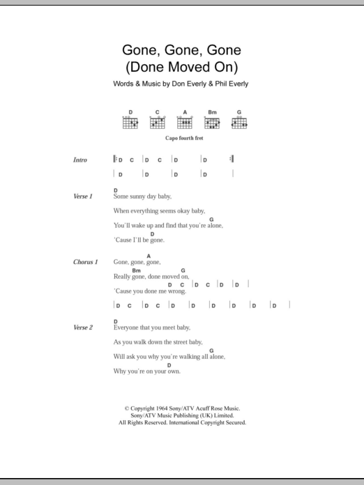 Learn to play The Everly Brothers Gone, Gone, Gone (Done Moved On) sheet music for Guitar Chords/Lyrics in minutes. Price: 4.4900$ The Everly Brothers Gone, Gone, Gone (Done Moved On) sheet music notes and chords arranged for Guitar Chords/Lyrics