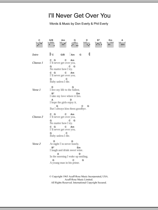 The Everly Brothers I'll Never Get Over You sheet music notes and chords. Download Printable PDF.