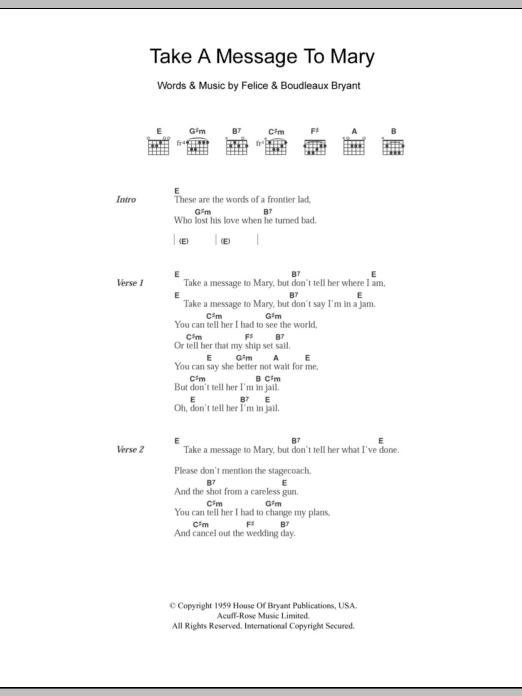 The Everly Brothers Take A Message To Mary sheet music notes and chords arranged for Guitar Chords/Lyrics